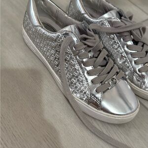 Michael Kors Silver Sneakers with Sparkly Texture and Gray Laces